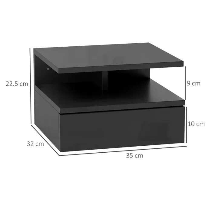 Comodino Sospeso 35x32x22,5 cm con Cassetto e Ripiano Aperto in Legno Nero Lucido - immagine 3