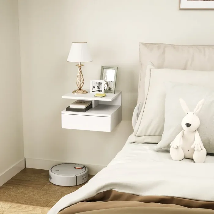 Comodino Sospeso per Camera da Letto 35x32x22,5 cm con Cassetto in Legno Bianco - immagine 2