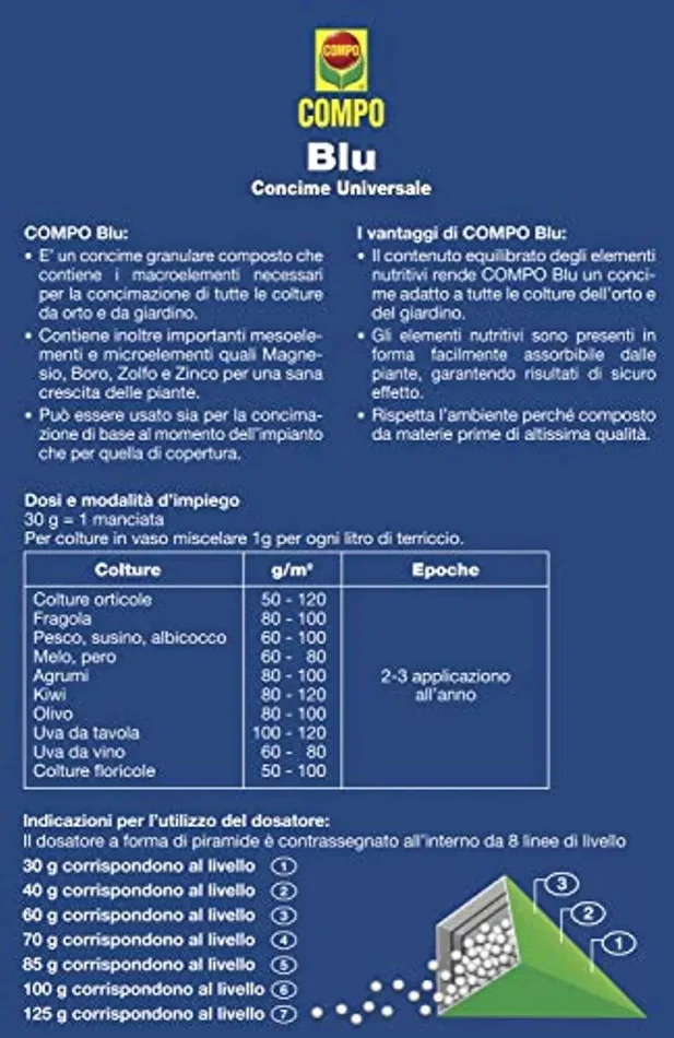 Compo Blu, Concime Granulare Universale, Fertilizzante per tutte le Colture da orto e Giardino, 1 kg - immagine 2