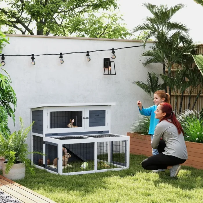 Conigliera a 2 Livelli 122x95x93,5 cm con Vassoio Estraibile in Legno di Abete e Acciaio Grigio e Bianco - immagine 2