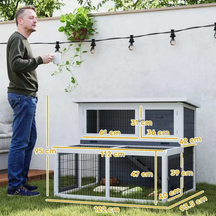 Conigliera a 2 Livelli 122x95x93,5 cm con Vassoio Estraibile in Legno di Abete e Acciaio Grigio e Bianco - immagine 3