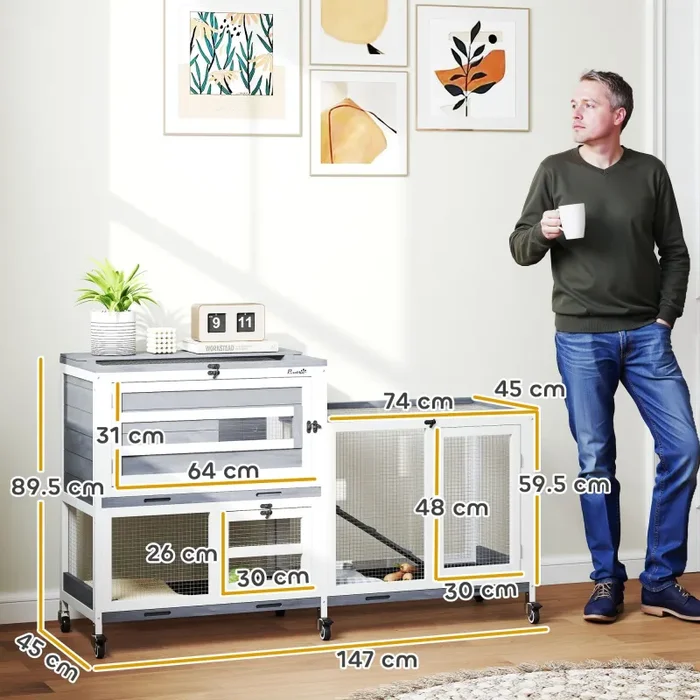 Conigliera a 2 Livelli 147x45x89,5 cm con Rampa e 3 Vassoi in Legno di Abete e Acciaio Grigio e Bianco - immagine 3