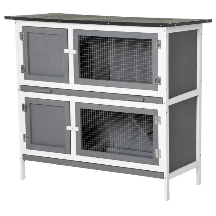 Conigliera per Interno e Esterno a 2 Piani 100x47x91 cm con Tetto in Bitume in Legno di Abete Grigia