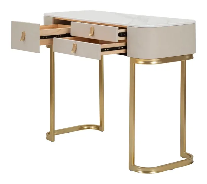Console Fissa 3 Cassetti Beauty 100x80x40 cm in Legno MDF e Metallo Crema/Oro - immagine 3
