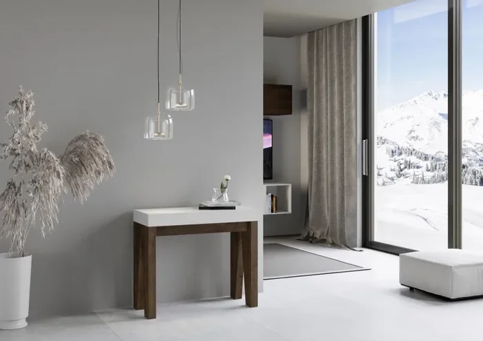 Consolle Allungabile 90-300x40x77 cm in Nobilitato Bianco e Noce Vendita calda online - immagine 2