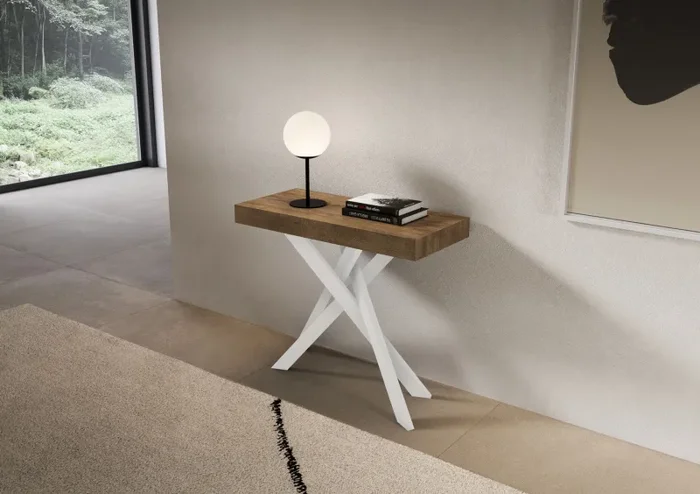 Consolle Allungabile 90-300x40x77 cm Saki Premium Noce Gambe Bianche - immagine 2