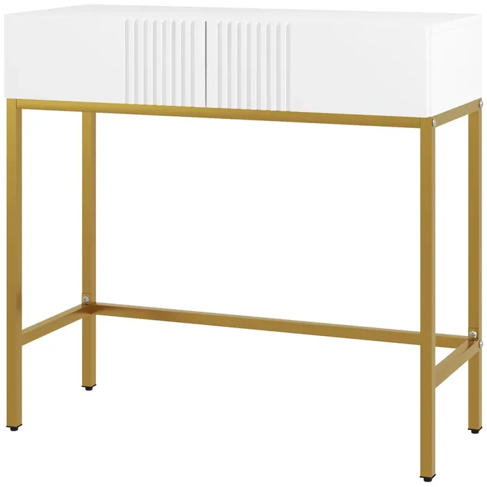 Consolle da Ingresso Moderna 2 Cassetti 80×31,5×75 cm in Truciolato e Acciaio Bianco e Oro Moda