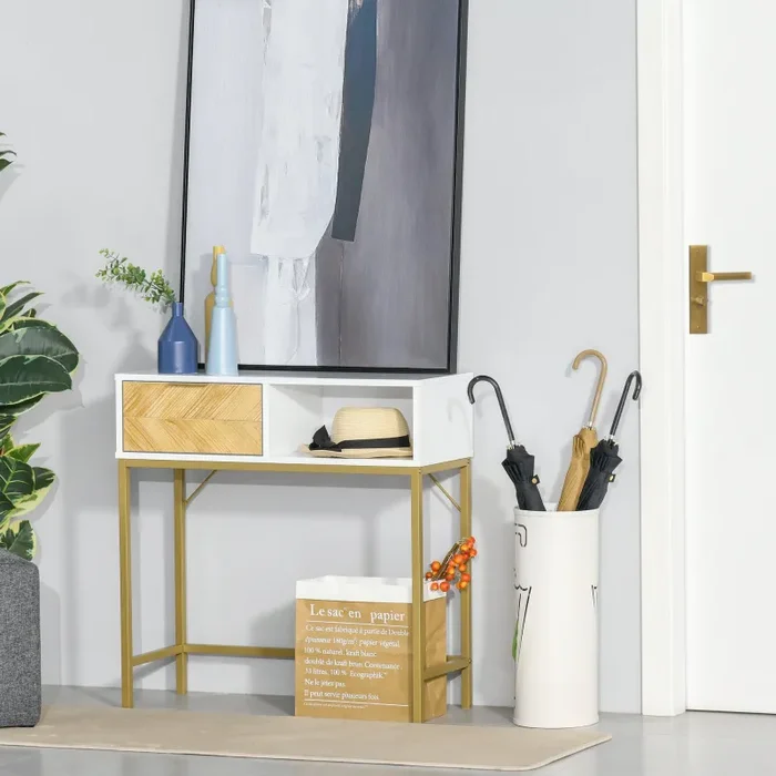 Consolle Ingresso 1 Cassetto 80x30x80,5 cm in Legno Bianco e Oro - immagine 2