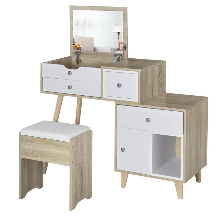 Consolle Trucco 105x45x123 cm con Specchio 4 Cassetti e Sgabello In saldo