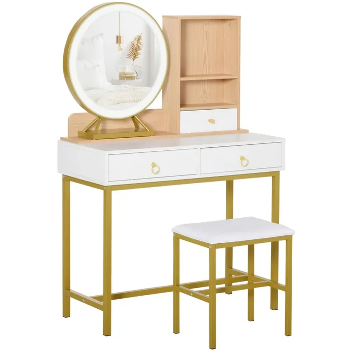 Consolle Trucco 90x40x125 cm con Specchio e Sgabello Bianco