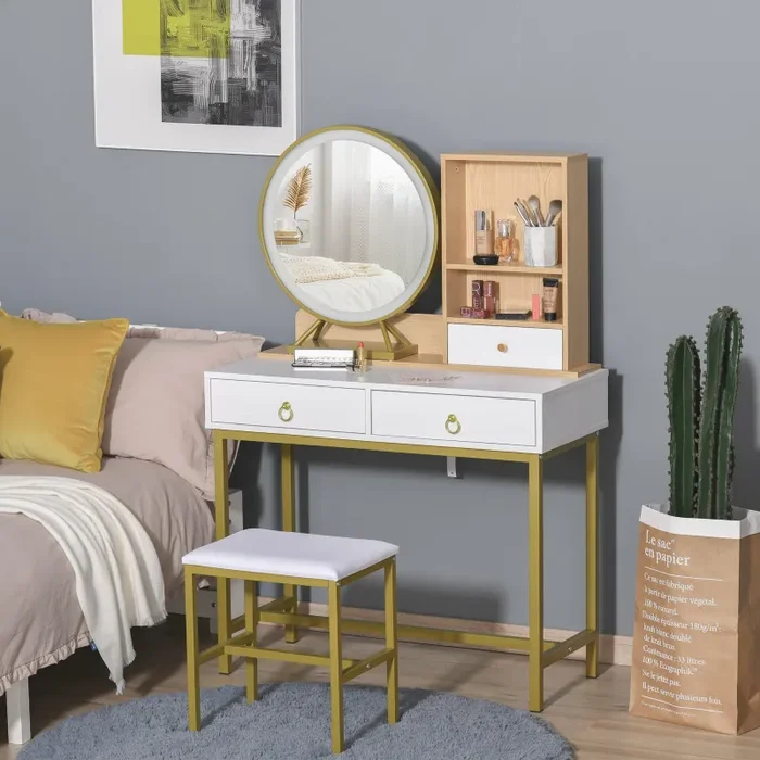 Consolle Trucco 90x40x125 cm con Specchio e Sgabello Bianco - immagine 2