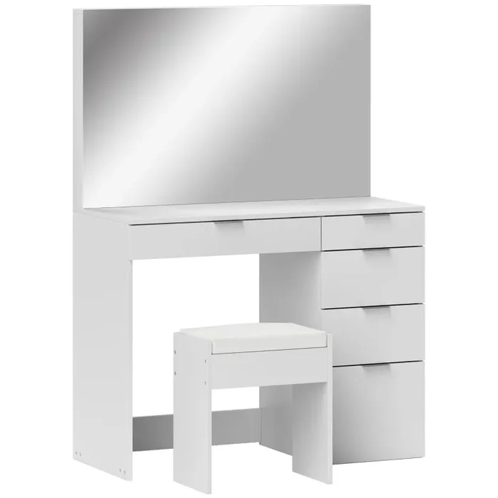Consolle Trucco con Specchio 5 Cassetti e Sgabello 97,2×44,5×136,5 cm Bianco Moda