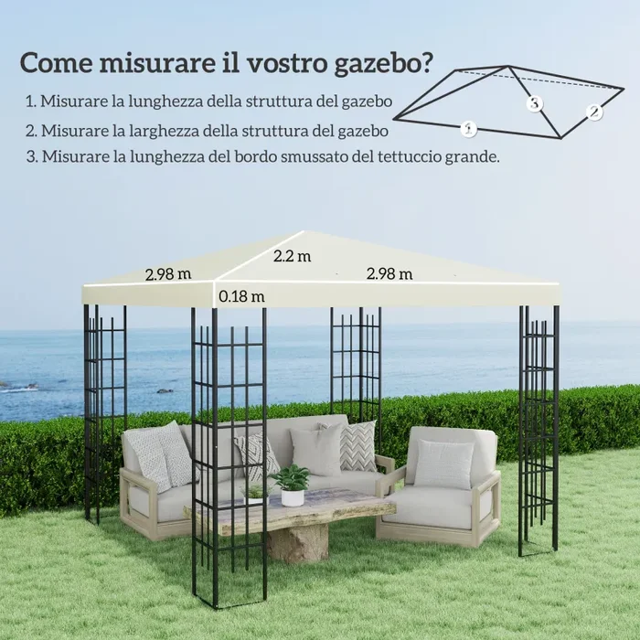 Copertura per Gazebo Pergola 298L x 298P cm in Tessuto Oxford 600D Bianco Crema - immagine 3