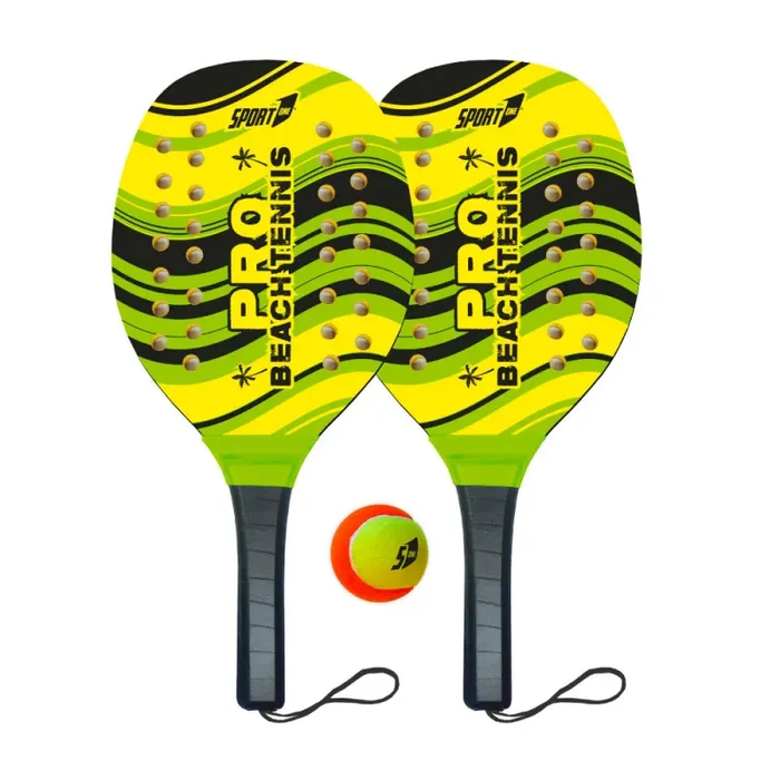 Coppia di Racchettoni da Spiaggia in Legno con Pallina Professionale Blu o Giallo - immagine 2