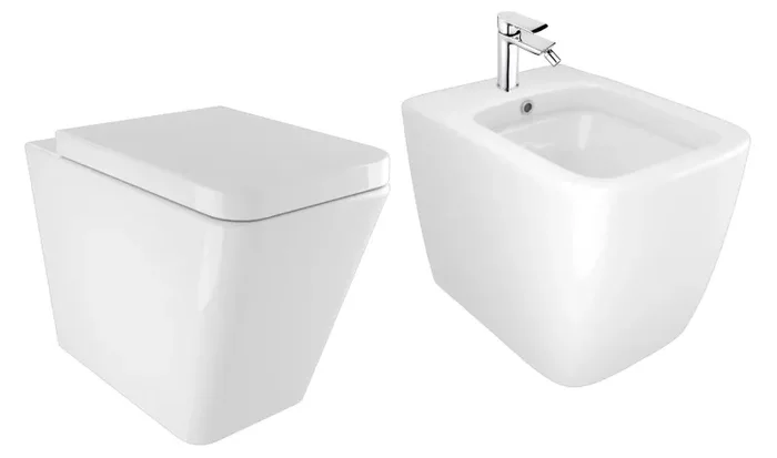 Coppia di Sanitari WC e Bidet a Terra Filo Muro in Ceramica 36×54,5×41,5 cm Street Bonussi Bianco Lucido