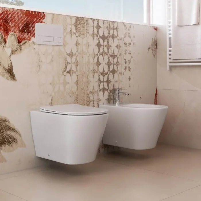Coppia di Sanitari WC e Bidet Sospesi in Ceramica Bonussi Poseidon - immagine 2