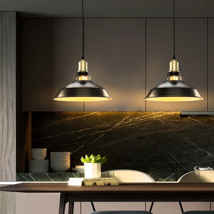Coppia Lampadari Sospensione Moderno Design Industriale Lampada Metallo Nero Oro - immagine 2