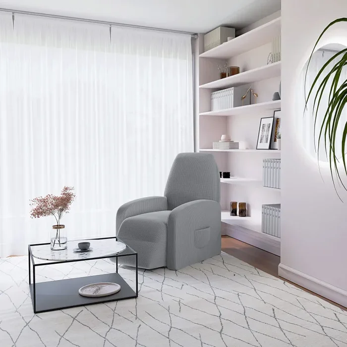 Copripoltrona Reclinabile Elasticizzato Taglia Unica con Tasca Laterale Grigio Chiaro - immagine 2