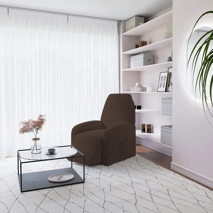 Copripoltrona Reclinabile Elasticizzato Taglia Unica con Tasca Laterale Marrone - immagine 2