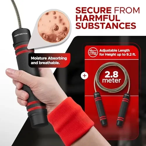 Corda per Saltare Professionale PORTENTUM Speed Corda Crossfit di Salto Regolabile con la Maniglia di Schiuma di Memoria Molle e Cuscinetti a Sfera, Regolatore di Lunghezza per Fitness, Boxe - immagine 3