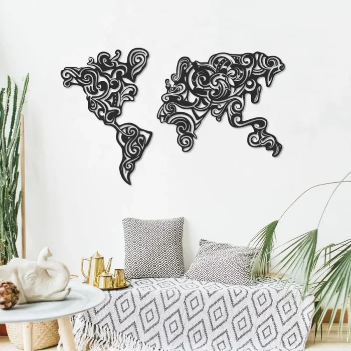 Cornice decorativa 100×61 cm Tribal metallo nero mappa continenti