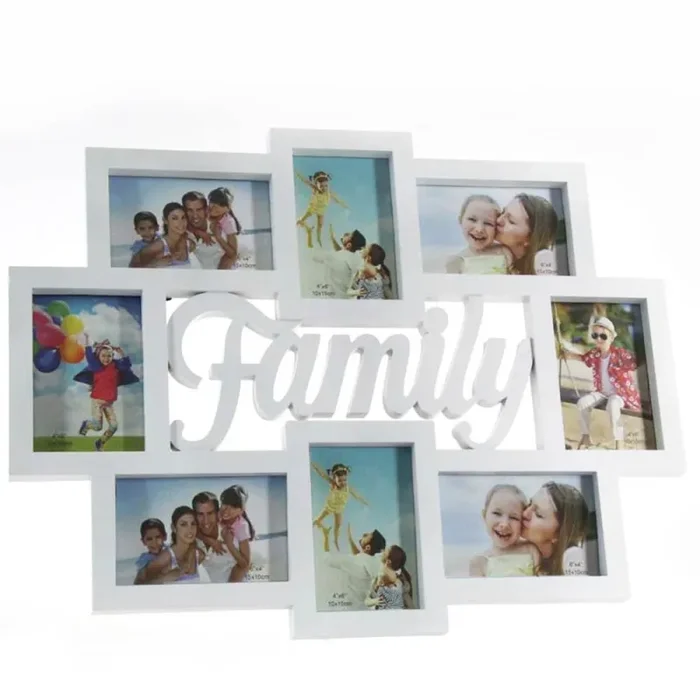 Cornice Portafoto Da Parete Con 8 Porta Foto 10×15 e Scritta Family Bianco