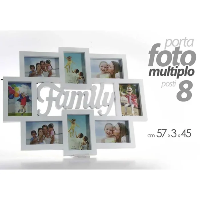 Cornice Portafoto Da Parete Con 8 Porta Foto 10×15 e Scritta Family Bianco - immagine 2