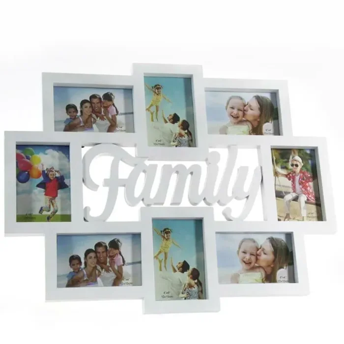 Cornice Portafoto Da Parete Con 8 Porta Foto 10×15 e Scritta Family Bianco - immagine 3