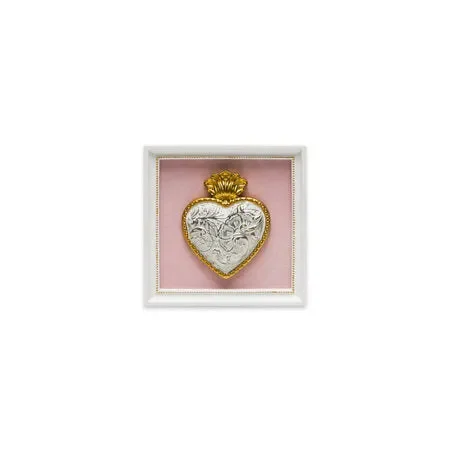 CORNICE QUADRATA IN LEGNO BIANCA CON SFONDO ROSA E CUORE SACRO (13x13cm)