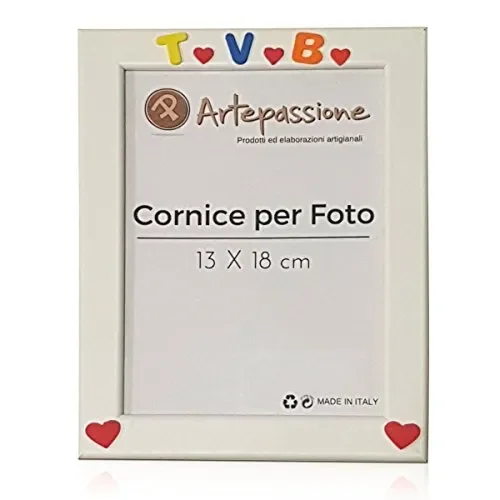 Cornici per foto in legno con la scritta TVB e decorata con cuoricini, da appoggiare o appendere, misura 13×18 cm Bianca. Ideale per regalo e ricordo. Moda
