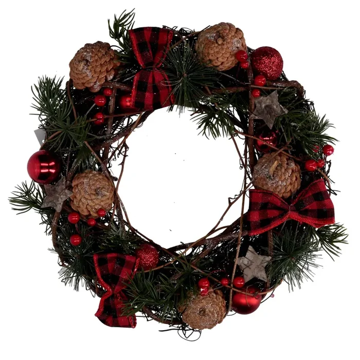 Coroncina con pigne e fiocchi rosso scozzese cm Ø34×10