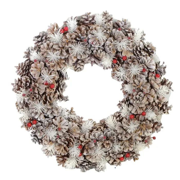 Coroncina innevata con bacche e pigne naturale cm Ø30