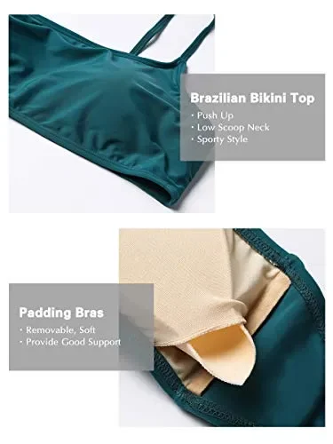 Costume da Bagno Donna Due Pezzi Costumi Mare Swimwear Push M, Verde Scuro Online - immagine 2