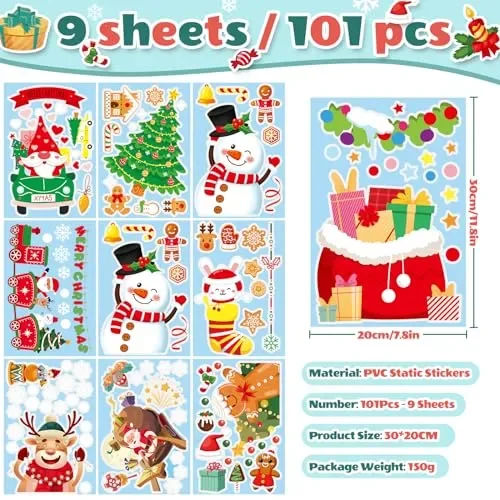 COZII Vetrofanie Natalizie per Finestre 101 Pezzi – 9 Fogli Adesivi Natalizi per Finestre, Addobbi Natalizi Riutilizzabili, PVC Adesivi Statici Rimovibile, Festa Natale Decorazioni - immagine 3