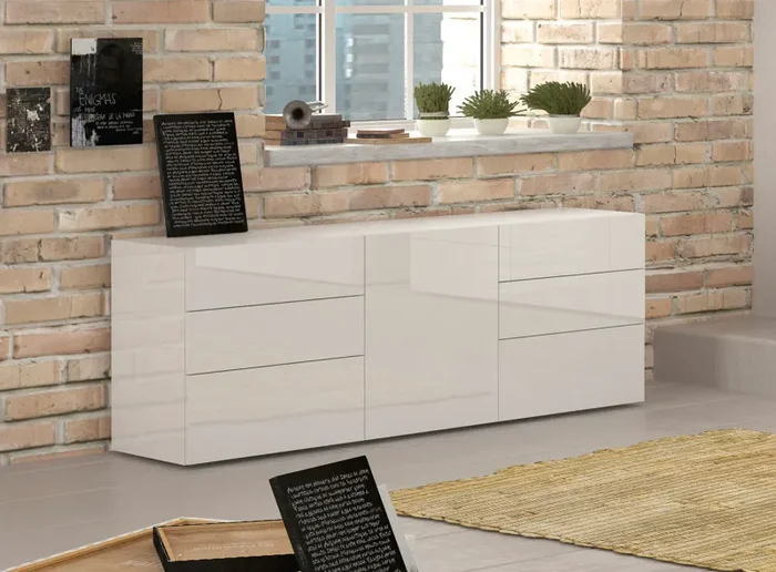 Credenza 1 Anta + 6 Cassetti 170x40x73 cm Metis Bianco Lucido - immagine 2