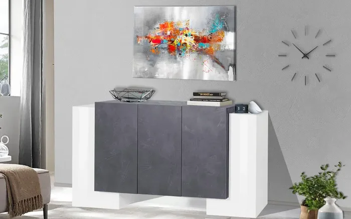Credenza 2 + 3 Ante 170x45x85 cm Pillon Bianco Lucido e Ardesia Online - immagine 2