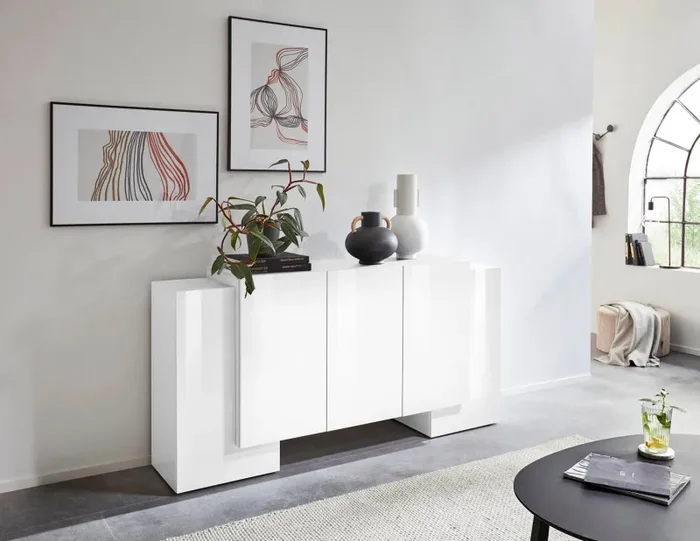 Credenza 2 + 3 Ante 170x45x85 cm Pillon Bianco Lucido - immagine 2