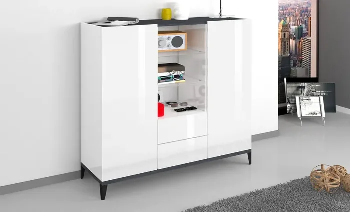 Credenza 2 Ante + 2 Cassetti 120x40x132,5 cm Sunrise Bianco Lucido e Ardesia - immagine 2