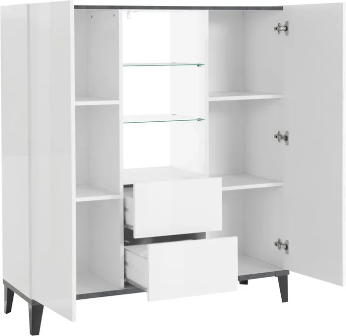 Credenza 2 Ante + 2 Cassetti 120x40x132,5 cm Sunrise Bianco Lucido e Ardesia - immagine 3