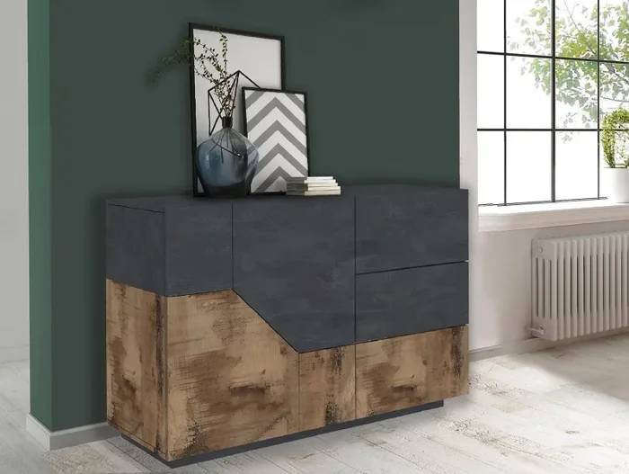 Credenza 2 Ante + 3 Cassetti 140x43x86 cm Alien Ardesia e Acero Pereira - immagine 2