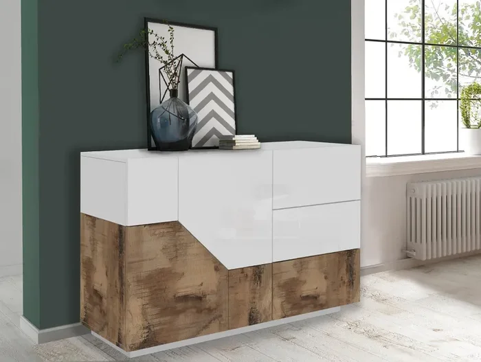 Credenza 2 Ante + 3 Cassetti 140x43x86 cm Alien Bianco Lucido e Acero Pereira - immagine 2