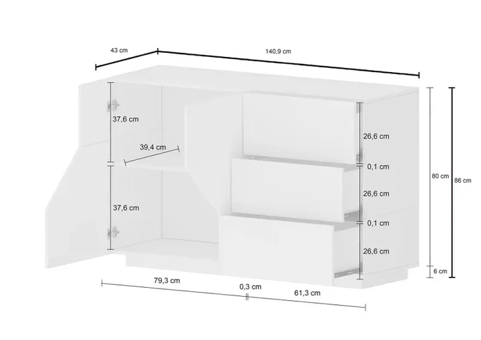 Credenza 2 Ante + 3 Cassetti 140x43x86 cm Alien Bianco Lucido - immagine 3