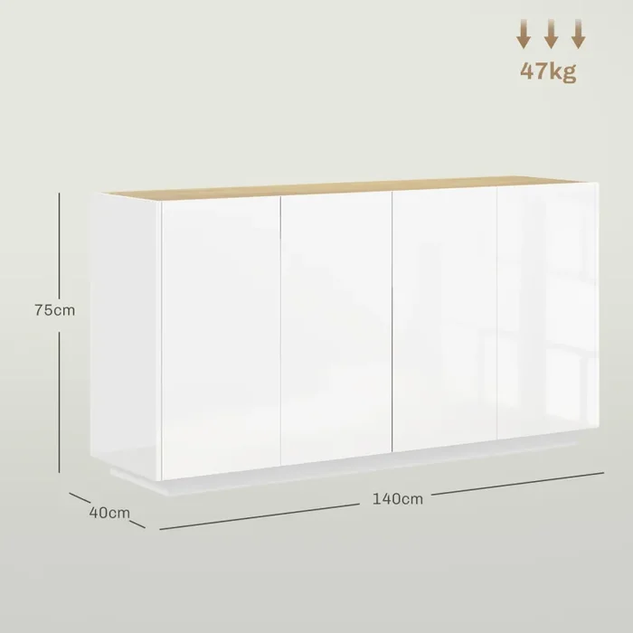 Credenza 2 Ante con Chiusura Ammortizzata 140x40x75 cm Bianco Lucido - immagine 3