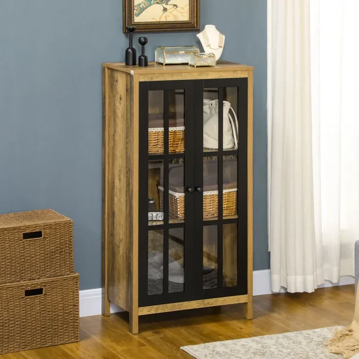 Credenza 2 Ante in Vetro 60x35x120 cm in Legno Truciolare Marrone In saldo - immagine 2