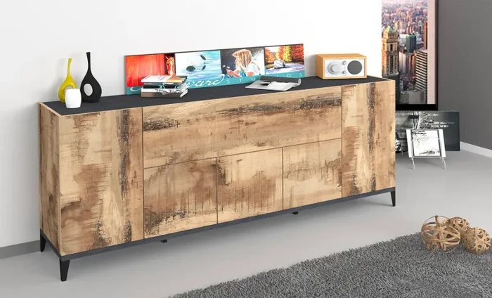 Credenza 4 Ante + 1 Anta Ribalta 200x40x82 cm Sunrise Acero Pereira e Ardesia - immagine 2