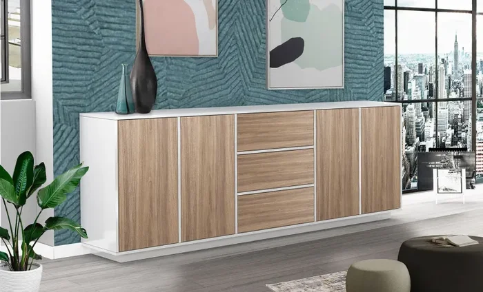 Credenza 4 Ante + 3 Cassetti 220,1×41,4×86 cm Bloom Bianco Lucido e Noce - immagine 2