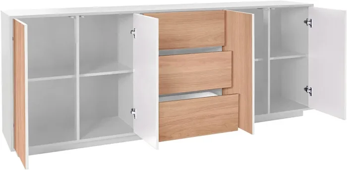 Credenza 4 Ante + 3 Cassetti 220,1×41,4×86 cm Bloom Bianco Lucido e Noce - immagine 3