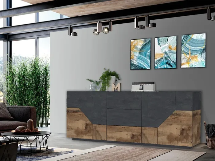 Credenza 4 Ante + 3 Cassetti 220,1x43x86 cm Alien Ardesia e Acero Pereira - immagine 2