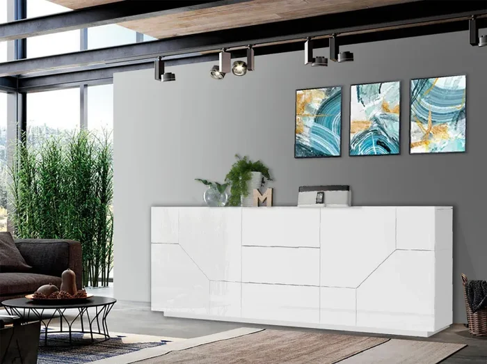 Credenza 4 Ante + 3 Cassetti 220,1x43x86 cm Alien Bianco Lucido - immagine 2