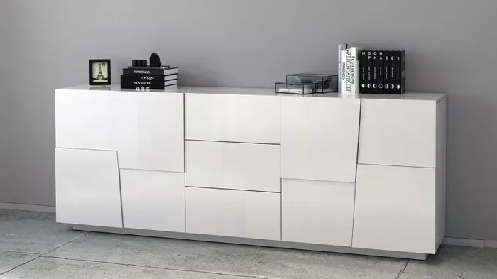 Credenza 4 Ante 3 Cassetti 220x44x86 cm Pongo 4A 3C Bianco Lucido